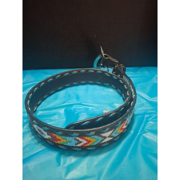 Nocona Brown Leather Belt W/ Beaded Aztec Design & Silver Buckle - Size S - Picture 5 of 7